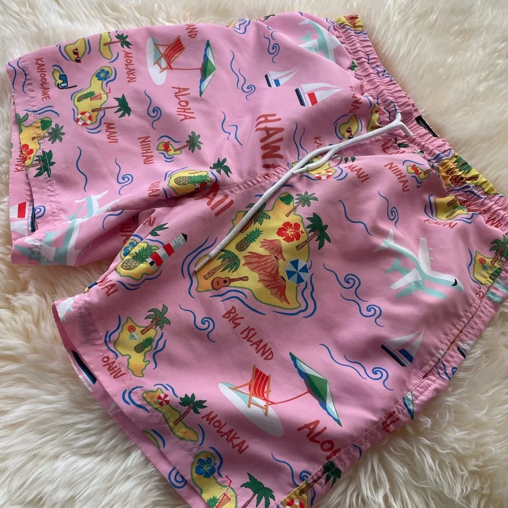 Edgar + Ash Men’s Swim Trunks. Pink with Hawaiian Theme. Size Medium